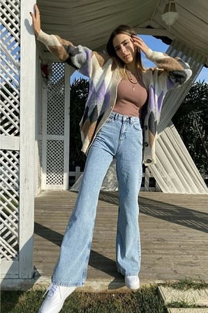 Trend Jean Ela 90's Mavi Kar Yıkama Likralı Süper Yüksek Bel Salaş Paça Jeans Palazzo Pantolon