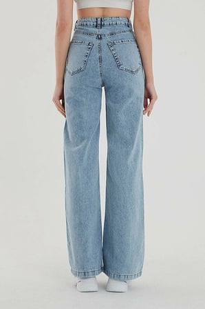 Trend Jean Ela 90's Mavi Kar Yıkama Likralı Süper Yüksek Bel Salaş Paça Jeans Palazzo Pantolon