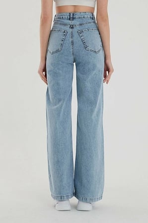 Trend Jean Ela 90's Mavi Kar Yıkama Likralı Süper Yüksek Bel Salaş Paça Jeans Palazzo Pantolon