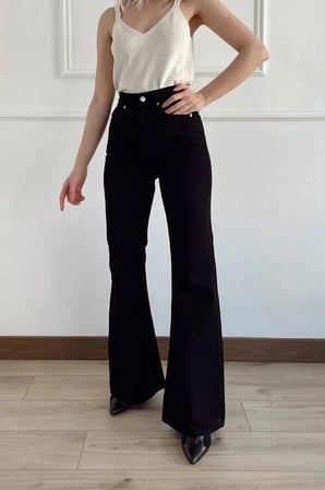 Trend Jean Yüksek Bel Ispanyol Paça Siyah Flare Jeans Kot Pantolon