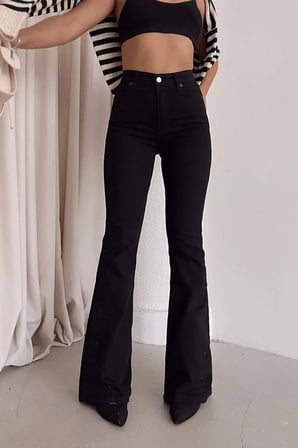 Trend Jean Yüksek Bel Ispanyol Paça Siyah Flare Jeans Kot Pantolon