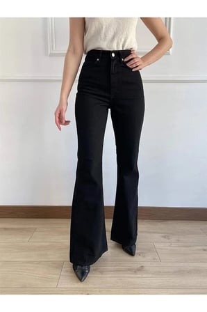 Trend Jean Yüksek Bel Ispanyol Paça Siyah Flare Jeans Kot Pantolon