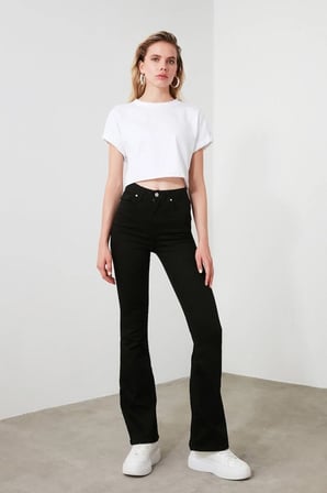 Trend Jean Manolya Yüksek Bel Ispanyol Paça Solmayan Siyah Jeans Kot Pantolon