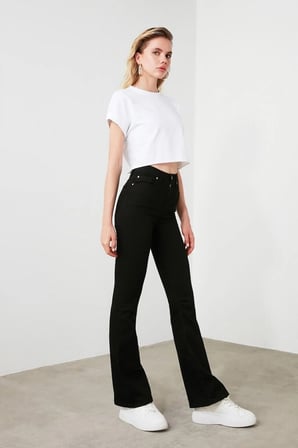 Trend Jean Manolya Yüksek Bel Ispanyol Paça Solmayan Siyah Jeans Kot Pantolon
