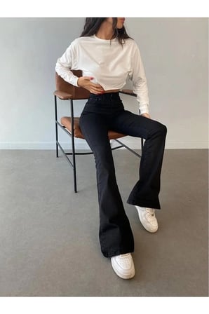Jean Trend Zero Max İspanyol Paça Jean Siyah Solmaz Ekstra Likra Yüksek Bel (toparlayıcı)