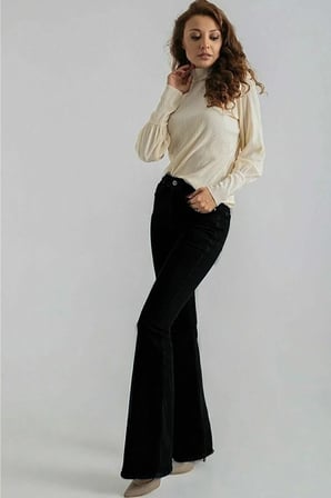 Trend Jean Vanessa Yüksek Bel Likralı Simsiyah Ispanyol Flare Jeans Pantolon