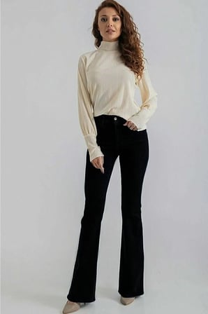 Trend Jean Vanessa Yüksek Bel Likralı Simsiyah Ispanyol Flare Jeans Pantolon