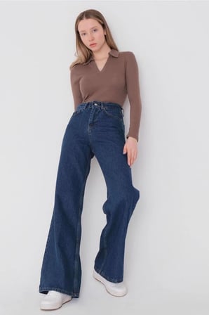 Nancy Salaş Kot Pantolon Mavi Kar Likralı Palazzo Lacivert Jeans
