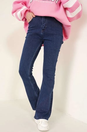 Trend Ispanyol Paça Jeans Solma Lacivert Ispanyol Jeans Yüksek Bel Kot Pantolon