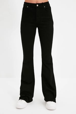 Trend İspanyol Paça Jeans Solmaz Siyah İspanyol Jeans Yüksek Bel Kot Pantolon(1 Beden Büyük Alınız)
