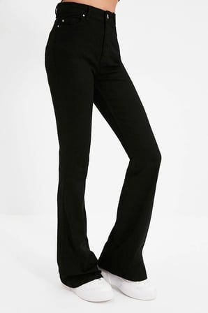 Trend İspanyol Paça Jeans Solmaz Siyah İspanyol Jeans Yüksek Bel Kot Pantolon(1 Beden Büyük Alınız)