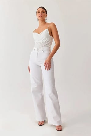 Trend Yüksek Bel Wide Leg Beyaz Palazzo Pantolon Bol Paça Jeans (1 Beden Büyük Alınız)