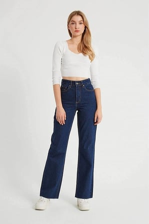 Lacivert Yüksek Bel Bol Paça Denim Kot Pantolon Salaş ( Likralı / )(Tam Kalıp)