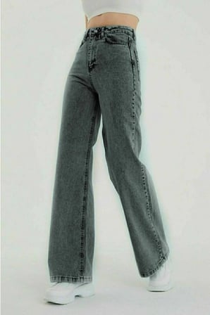 Kül Gri Likralı Süper Yüksek Bel Salaş Jeans Palazzo Pantolon. (SÜPER YÜKSEK)(Tam Kalıp)