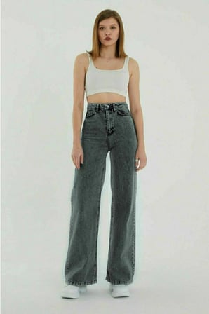 Kül Gri Likralı Süper Yüksek Bel Salaş Jeans Palazzo Pantolon. (SÜPER YÜKSEK)(Tam Kalıp)