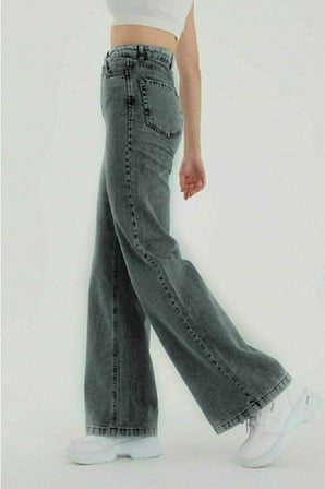Kül Gri Likralı Süper Yüksek Bel Salaş Jeans Palazzo Pantolon. (SÜPER YÜKSEK)(Tam Kalıp)