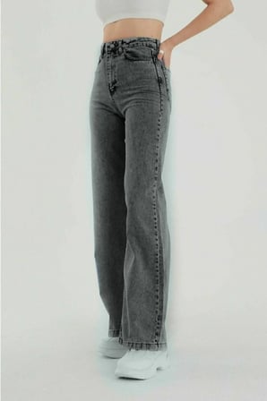 Kül Gri Likralı Süper Yüksek Bel Salaş Jeans Palazzo Pantolon. (SÜPER YÜKSEK)(Tam Kalıp)