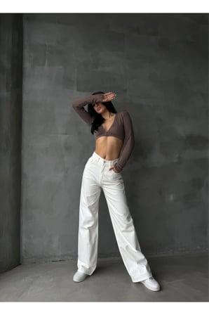 Yüksek Bel Wide Leg Beyaz Palazzo Pantolon Bol Paça Jeans(Tam kalıptır)