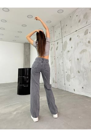 Kadın Gri Yüksek Bel Likralı Esnek Geniş Paça Kot Pantolon (Tam kalıptır)