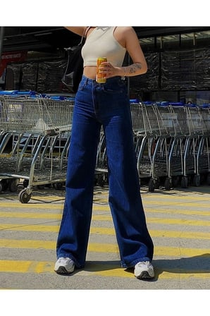 Trend Jean Koyu Mavi Extra Yüksek Bel Bol Paça Palazzo Salaş Jean Pantolon