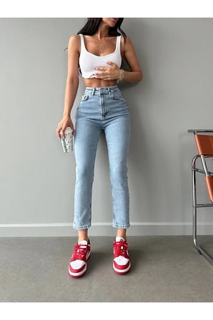 Kot Pantolon Esnek Slim Fit Standart Bel Cepli Pamuklu - Mom Kar Yıkama Mavi (TAM KALIPTIR)