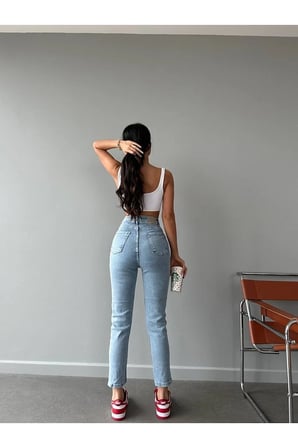 Kot Pantolon Esnek Slim Fit Standart Bel Cepli Pamuklu - Mom Kar Yıkama Mavi (TAM KALIPTIR)