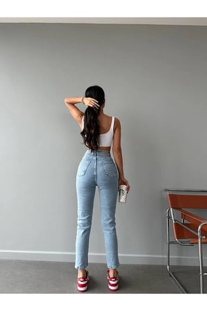 Kot Pantolon Esnek Slim Fit Standart Bel Cepli Pamuklu - Mom Kar Yıkama Mavi (TAM KALIPTIR)