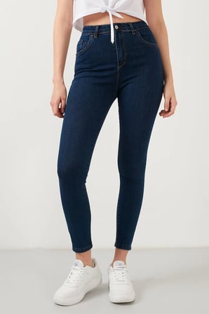 Kadın Pantolon Toparlayıcılı Dar Paça Slim Fit Yüksek Bel Yıkamalı Fermuarlı Jean-Lacivert