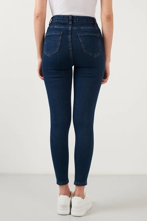 Kadın Pantolon Toparlayıcılı Dar Paça Slim Fit Yüksek Bel Yıkamalı Fermuarlı Jean-Lacivert