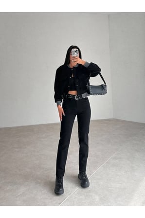 Mom Kot Pantolon Esnek Slim Fit Standart Bel Cepli Pamuklu - Mom Jeans(TAM KALIPTIR)
