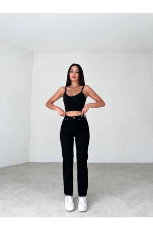 Mom Kot Pantolon Esnek Slim Fit Standart Bel Cepli Pamuklu - Mom Jeans(TAM KALIPTIR)