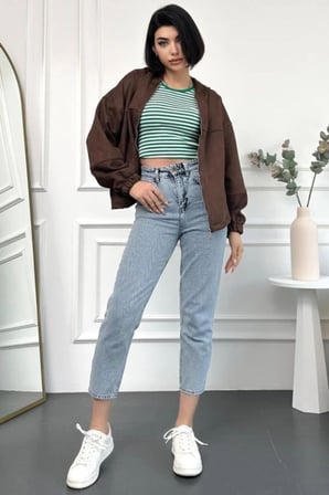 Leo 90'S Dora Kar Yikama Yuksel Bel Mom Jean Mavi (1 Beden Kucuk Aliniz)