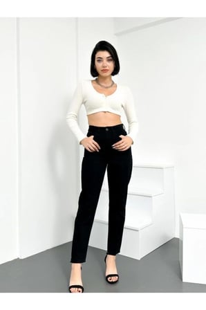 Trend Yüksek Bel Likralı Siyah Mom Jeans Esnek Kot Pantolon (tam Kaliptir)