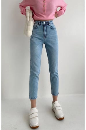 Buz Kar Mavi Asit Yıkamalı Yüksek Bel Mom Jeans (TAM KALIPTIR)