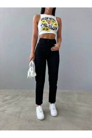 Mom Jean Likralı Siyah Yüksek Bel Kot Pantolon(TAM KALIPTIR)