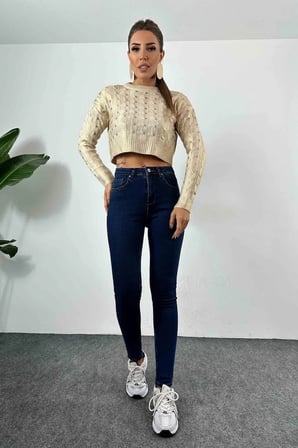 Rio Lacivert Yüksek Bel Dar Paça Skinny Power Likralı Kot Pantalont (TAM KALIPTIRIZ)