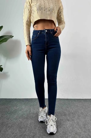 Rio Lacivert Yüksek Bel Dar Paça Skinny Power Likralı Kot Pantalont (TAM KALIPTIRIZ)