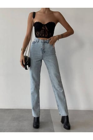 Yüksek Bel Likralı Mavi Kar Boyfriend Jeans Esnek Mom Kot Pantolon (TAM KALIPTIR)