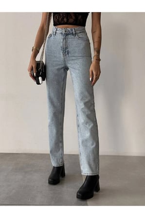 Yüksek Bel Likralı Mavi Kar Boyfriend Jeans Esnek Mom Kot Pantolon (TAM KALIPTIR)