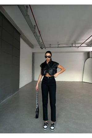 Maria Kadın Siyah Süper Yüksek Bel Comfort Likralı Mom Kot Pantalon Jeans (TAM KALIPTIR)