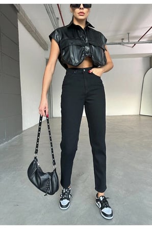 Maria Kadın Siyah Süper Yüksek Bel Comfort Likralı Mom Kot Pantalon Jeans (TAM KALIPTIR)
