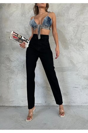 Siyah Likralı Mom Jean Pantolon