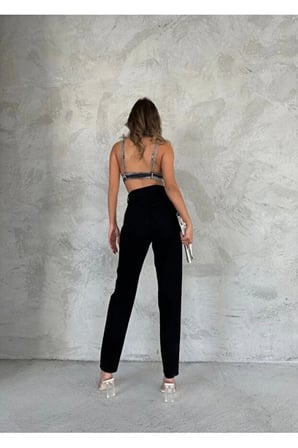 Siyah Likralı Mom Jean Pantolon