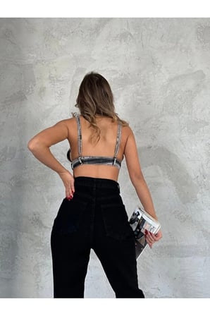 Siyah Likralı Mom Jean Pantolon