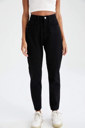 Kadın Yüksek Bel Siyah Mom Jeans Likralı Esnek Kot Pantolon Boyfriend Premium (TAM KALIPTIR)