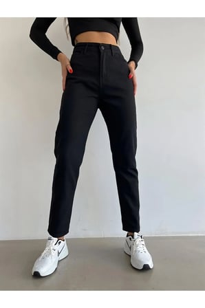 Yüksek Bel Likralı Siyah Boyfriend Jeans Esnek Mom Kot Pantolon (TAM KALIPTIR)