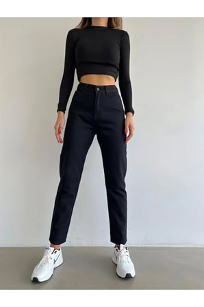 Yüksek Bel Likralı Siyah Boyfriend Jeans Esnek Mom Kot Pantolon (TAM KALIPTIR)