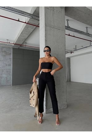 Siyah Kadın Mom Jean Yüksek Bel Pamuk Kot Pantolon (TAM KALIPTIR)