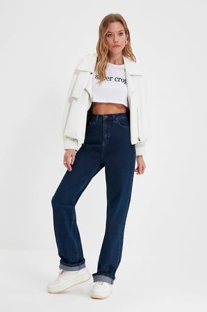 Julia 90's Lacivert Likralı Süper Yüksek Bel Salaş Jeans Palazzo Pantolon Beeke10006
