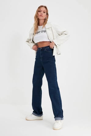 Julia 90's Lacivert Likralı Süper Yüksek Bel Salaş Jeans Palazzo Pantolon Beeke10006